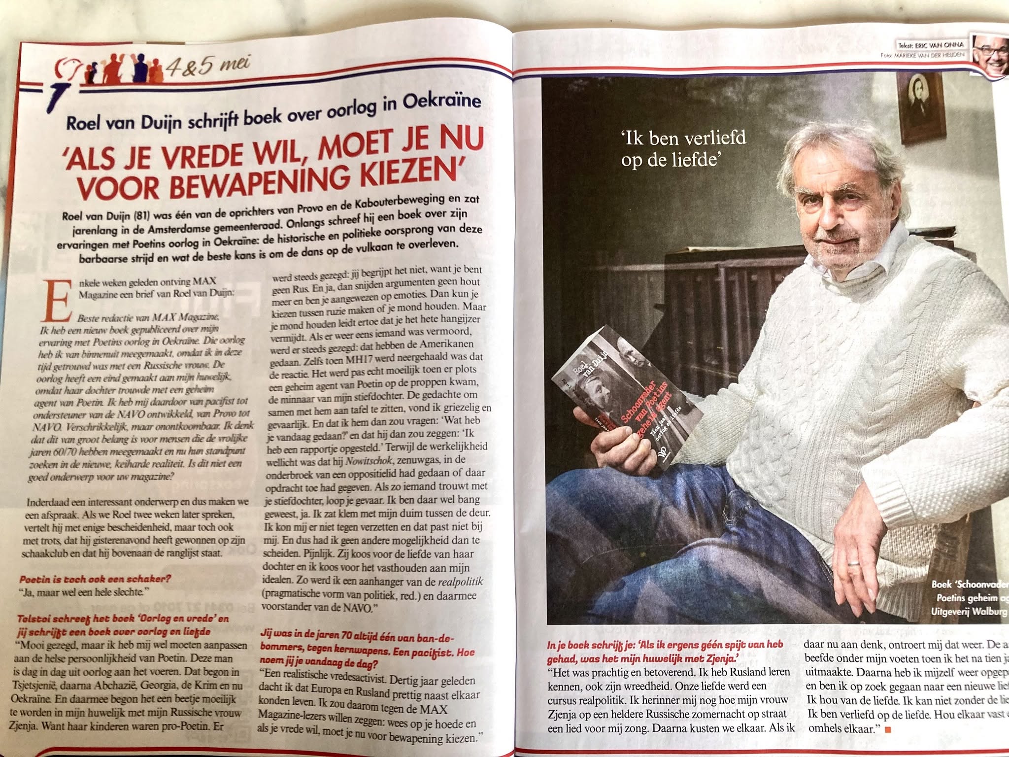 Kan een afbeelding zijn van 1 persoon en de tekst '4&5 mei TbeKE W NGIO Roel van Duijn schrijft boek over oorlog in Oekraïne 'ALS JE VREDE WIL, MOET JE NU VOOR BEWAPENING KIEZEN' Kobouterbeweging zat Provo Duijn （5 811 hijeen jarenlang umsterdamse Onlangs politieke oorsprong ervaringen Poetins torische strijde 'Ik ben verliefd op de licfde deze NERSGNG Scpamcootias mapontik echriti seleden Boek 'Schoonvod Alsik ergens heb Ulitgeveny MAX opjehoedec kiezen." aand onder Ikheb Rusland lereni aakzjn reodhcid. Onze Aeroeen ealpolitik. ontroeri WIDCr. VOOT ernachtop κι. XarTa kusten zekaar. Aisik uitmaakte mijzelf weer benik pz0ek aegaan Buw まdた onder ben verliefid opdc Licfác. omhels elkaar."'