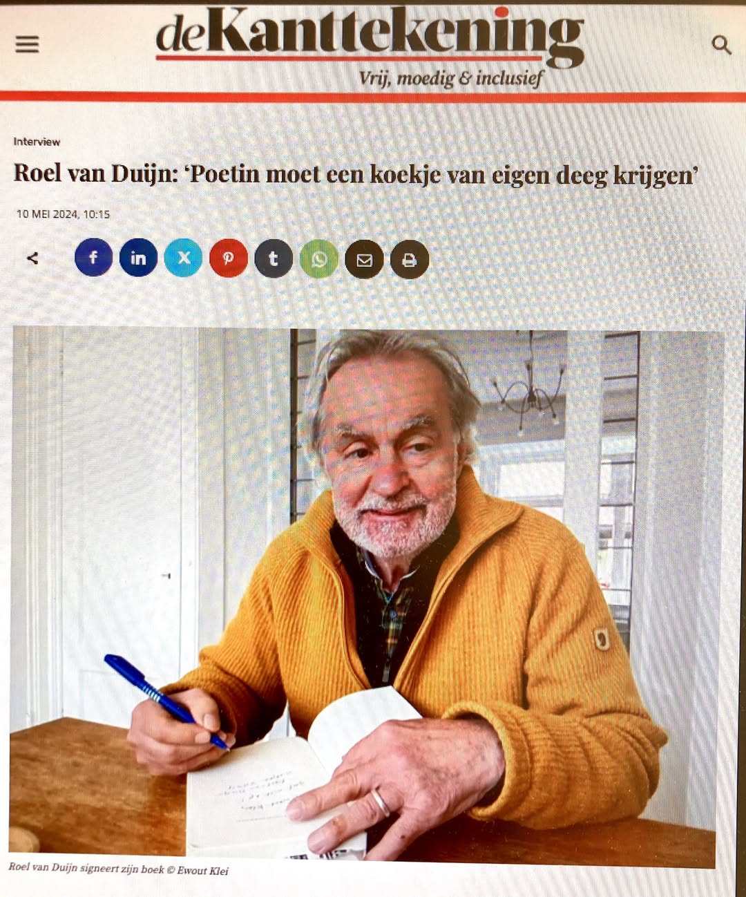 Kan een graphic zijn van 1 persoon en de tekst 'Interview dekanllckening Vrij, moedig & inclusie 10MB202410:15 10 EI 2024, 10:15 Roel van Duijn: 'Poetin moet cen kockje van eigen deeg krijgen ۲ f f BowdlanDrjidperipbetemu Roel า Duijn zijn boek Ewour Klei'