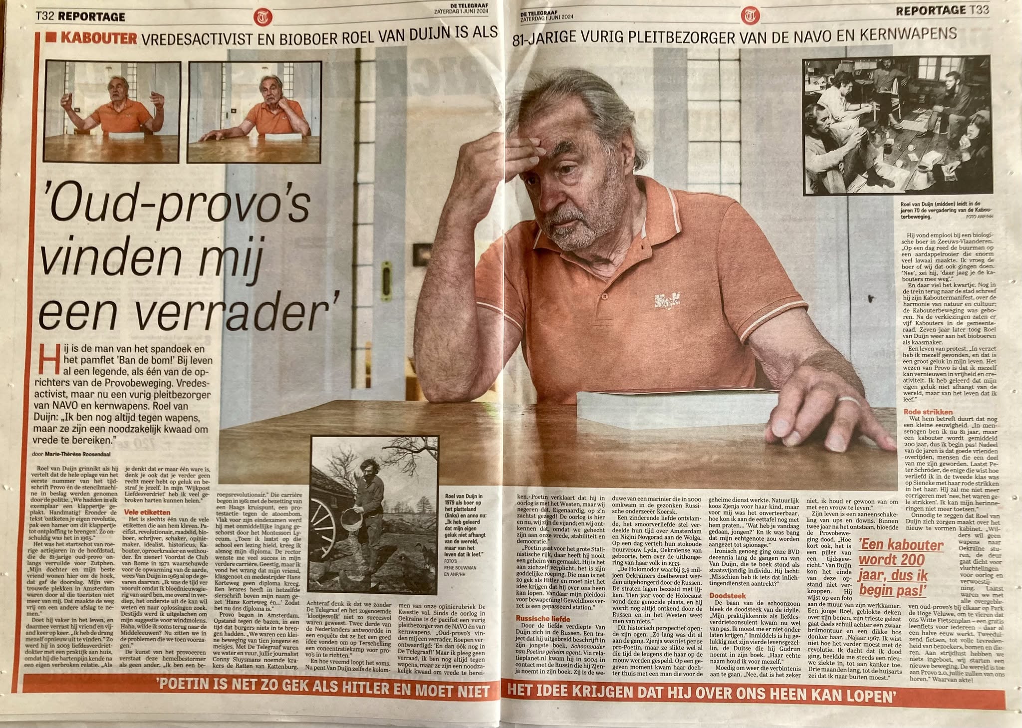Kan een afbeelding zijn van 3 mensen en de tekst 'T32 REPORTAGE KABOUTER VREDESACTIVIST EN BIOBOER ROEL VAN DUIJN IS ALS สนิาม 設 4 TEMIFREN1 81-JARIGE VURIG PLEITBEZORGER VAN DE NAVO EN KERNWAPENS REPORTAGE T33 'Oud-provo's vinden mij een verrader' man pamflet de,als Jeue leven mgS 한 新の星 jnean oodzakoljk kwaad om Rdimad "Een kabouter wordt 200 NET GEKALS ALS HITLER begin pas!' MOET NIET KRIJGEN DAT OVER ONS HEEN KAN LOPEN''